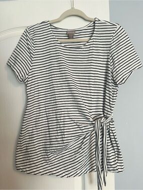 Chico's White and Black Striped Side-Tie Tee